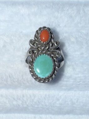 Sterling Silver Turquoise and Coral Statement Ring